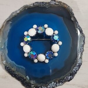 White Milk Glass Cabochon AB Aurora Borealis Rhinestone Circular Vintage Brooch